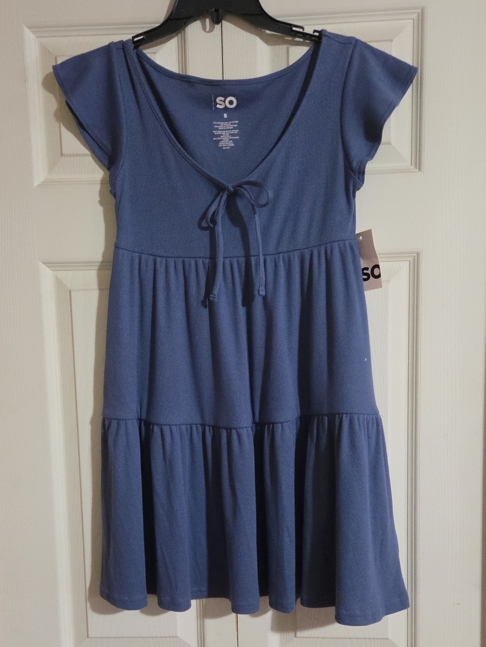 SO Girls' Blue Tie-Front Tiered Knit Dress